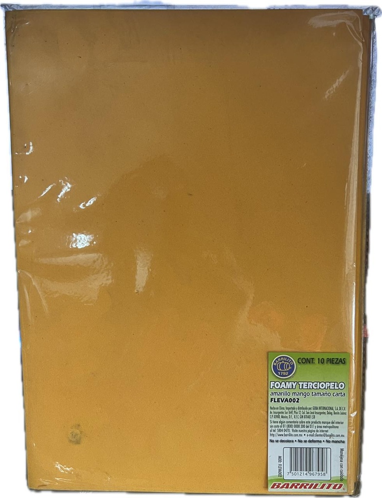 BARRILITO FOAMY CARTA TERCIOPELO AMARILLO MANGO PK 10 UNIDADES FLEVA002