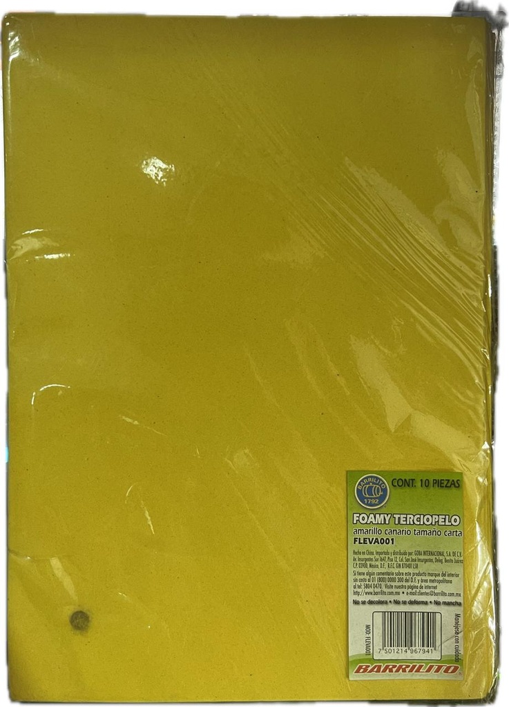 BARRILITO FOAMY CARTA TERCIOPELO AMARILLO CANARIO PK 10 UNIDADES FLEVA001